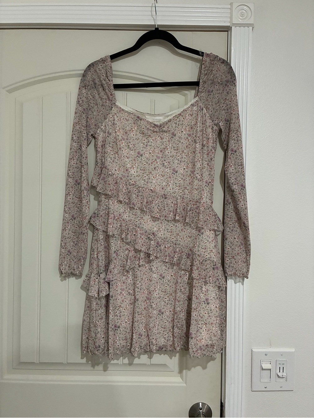 Lush Floral Ruffle Long-Sleeve Mini Dress in Dusty Pink